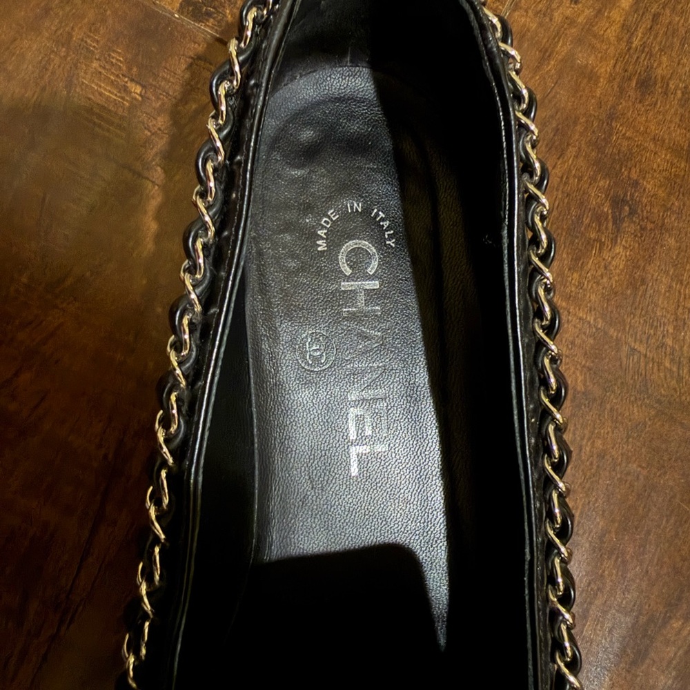 CHANEL Black Loafers with Silver Chain Accent - Picture 5 of 6